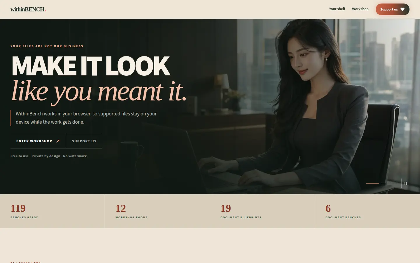 WithinBench browser workshop homepage showing private, account-free tools